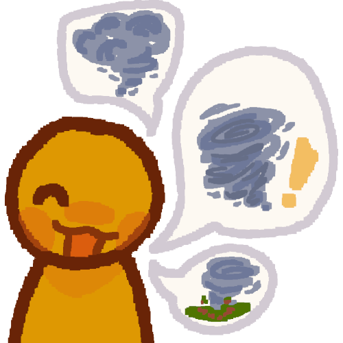 a yellow person happily talking. Next to them are three speech bubbles with a  grey funnel tornado in each. Inside the biggest speech bubble in the middle, next to the tornado, is a yellow exclamation mark